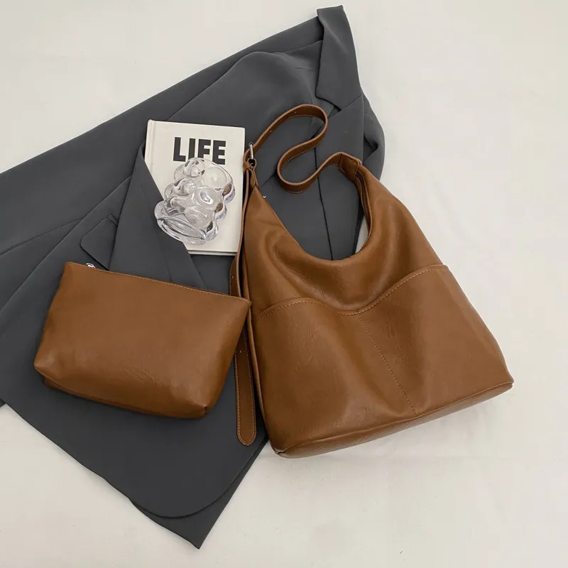 Women Solid Color PU Large Capacity Shoulder Bag Two-Piece Set with Bucket Shape