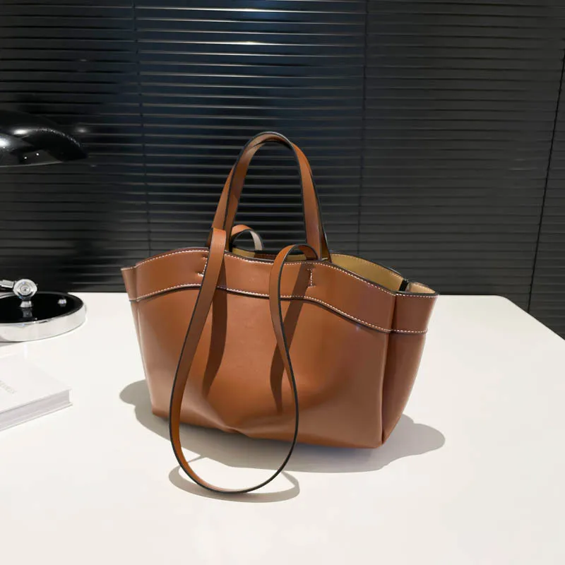 Women Fashion Street Trend Solid Color Bucket Tote Handbag Large Capacity
