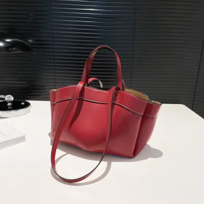 Women Fashion Street Trend Solid Color Bucket Tote Handbag Large Capacity
