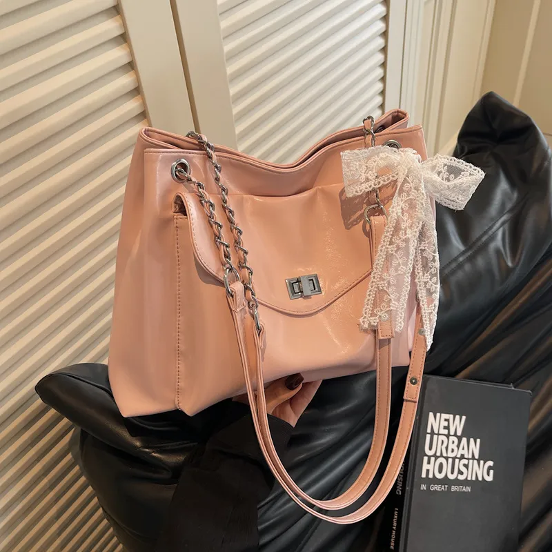 Women Fashion Casual Solid Color Pu Large Capacity Chain Tote Bag