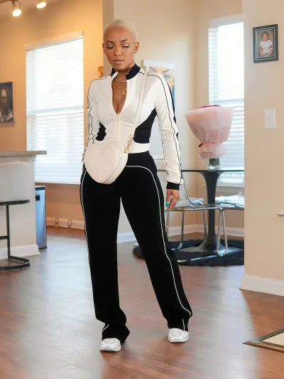 Women's Color Blocking Zipper Top Pants Set - Street Hipster Style
