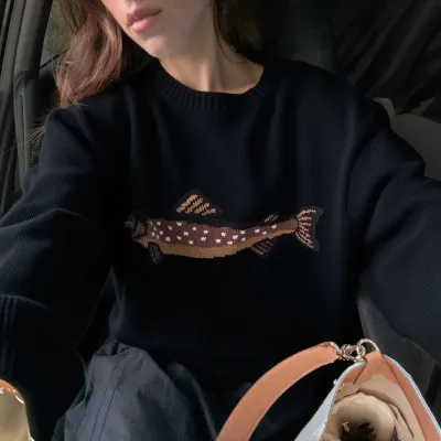 Women Winter Casual Loose Knitted Sweater with Fish Pattern Round Neck Pullover