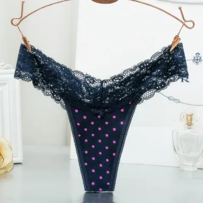 Women Sexy Dot Stripe Print Lace Breathable Thong