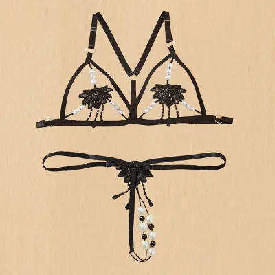 Women Fashion Solid Color Hollow-Out Double-Row Beads Thong Sexy Lingerie Set