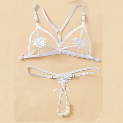 Women Fashion Solid Color Hollow-Out Double-Row Beads Thong Sexy Lingerie Set