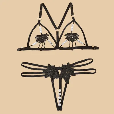 Women Fashion Solid Color Hollow-Out Double-Row Beads Thong Sexy Lingerie Set