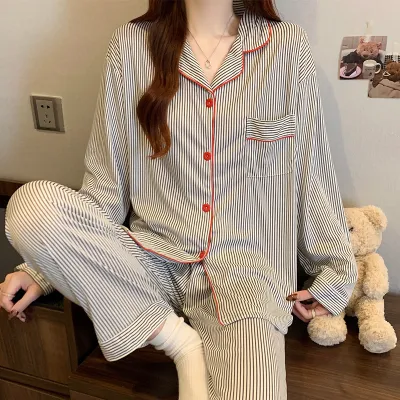 Women's Casual Autumn Printed Lapel Long-Sleeve Blouse and Loose Pants Pajama Set
