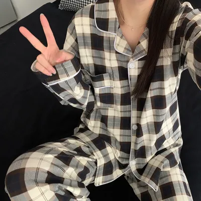 Women's Casual Autumn Printed Lapel Long-Sleeve Blouse and Loose Pants Pajama Set