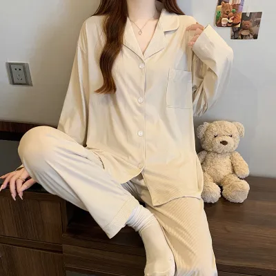 Women's Casual Autumn Printed Lapel Long-Sleeve Blouse and Loose Pants Pajama Set