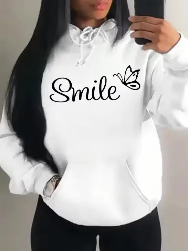 Women Fashion Casual Autumn Smile Letter Butterfly Print Long-Sleeve Hoodies