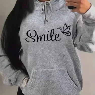 Women Fashion Casual Autumn Smile Letter Butterfly Print Long-Sleeve Hoodies