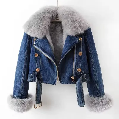 Women Fashion Casual Fall And Winter Detachable Plush Lapel Long-Sleeve Denim Jackets