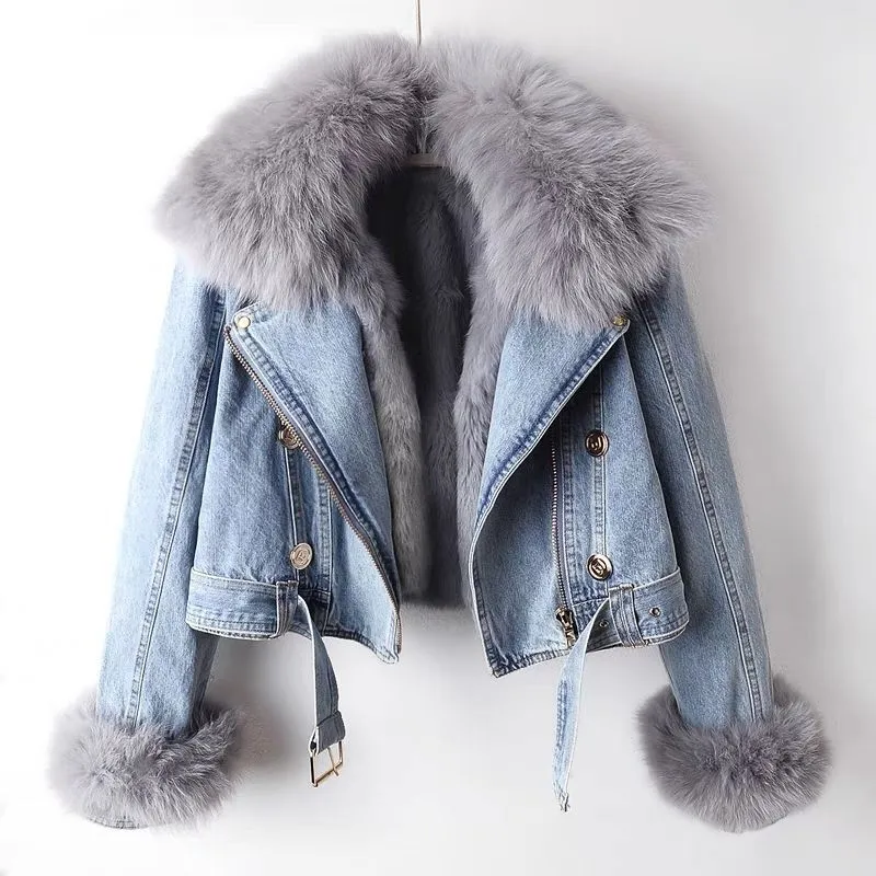 Women Fashion Casual Fall And Winter Detachable Plush Lapel Long-Sleeve Denim Jackets