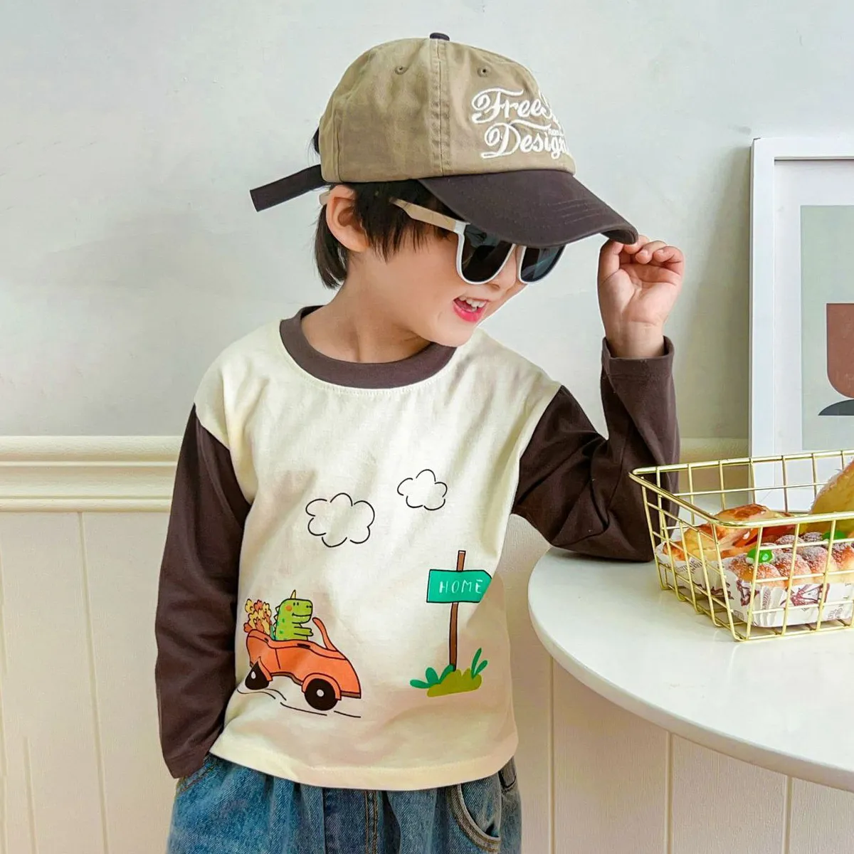 Kids Boys Girls Fashion Cartoon Printed Long Sleeve Cotton Crewneck T-Shirt