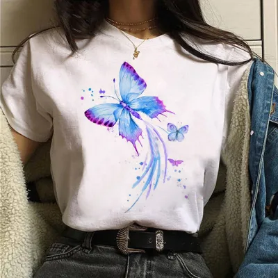 Women's Casual Butterfly Printed Short Sleeve Loose Fit T-Shirt