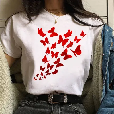 Women's Casual Butterfly Printed Short Sleeve Loose Fit T-Shirt