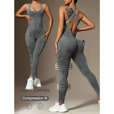 Women's Solid Color Sleeveless Backless Yoga Sports Jumpsuit