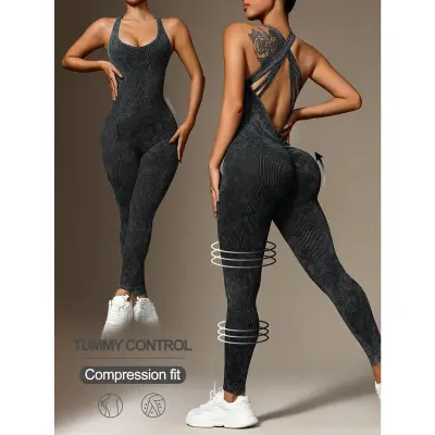 Women's Solid Color Sleeveless Backless Yoga Sports Jumpsuit