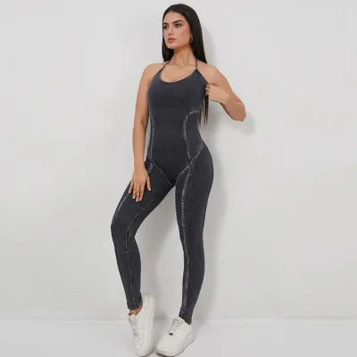 Mono deportivo de yoga sin costuras, sin mangas, con cuello halter y cordones para mujer.