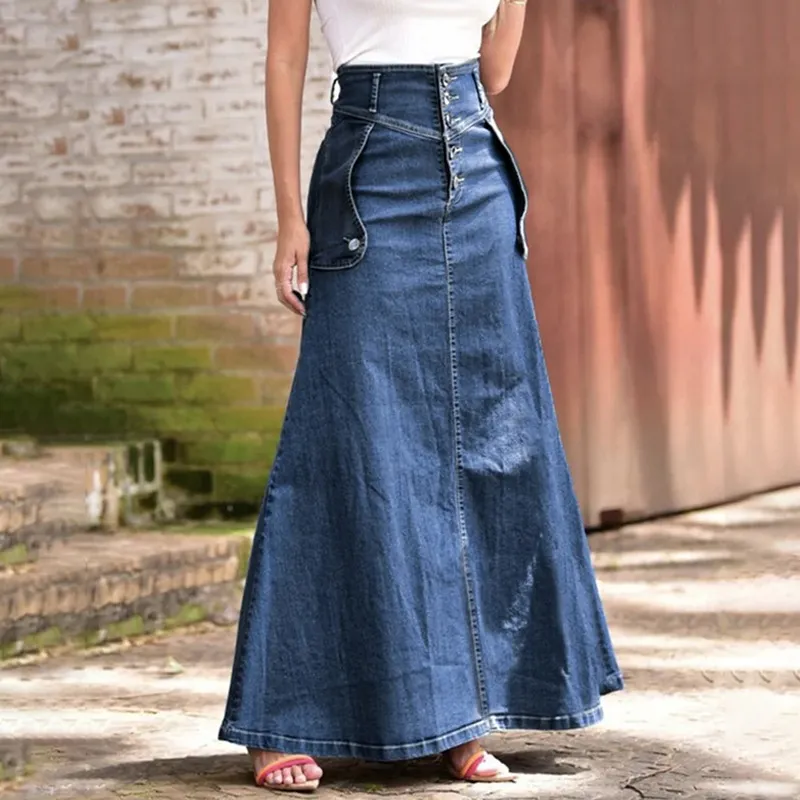 Women Casual Loose Denim A-Line Long Skirt
