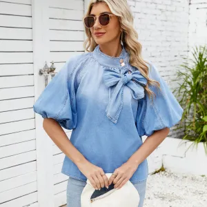 Women Fashion Elegant Lace-Up Bowknot Lantern Sleeve Loose Denim T-Shirt