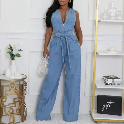 Women Fashion Sexy Sleeveless Lace-Up Slim-Fit Denim Jumpsuit