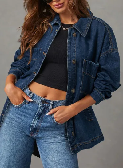 Women's Casual Lapel Long Sleeve Single-Breasted Pockets Denim Coat