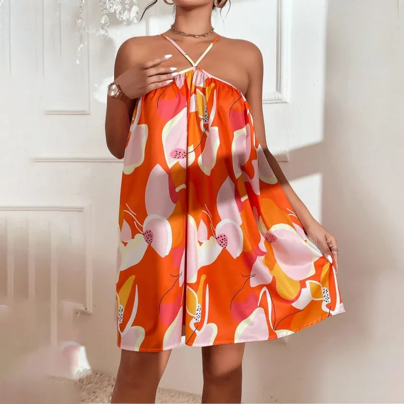 Summer Women Fashion Sexy Vacation Floral Printed Halter-Neck Loose Dress