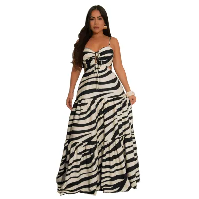 Women Fashion Sexy Stripe Printed Spaghetti Strap Backless Loose Dress