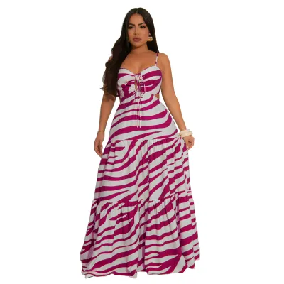 Women Fashion Sexy Stripe Printed Spaghetti Strap Backless Loose Dress