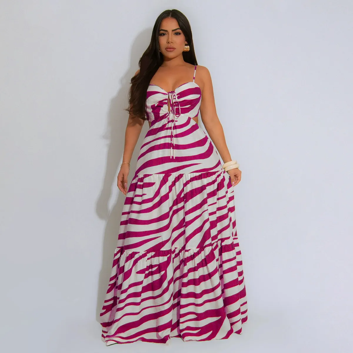 Women Fashion Sexy Stripe Printed Spaghetti Strap Backless Loose Dress