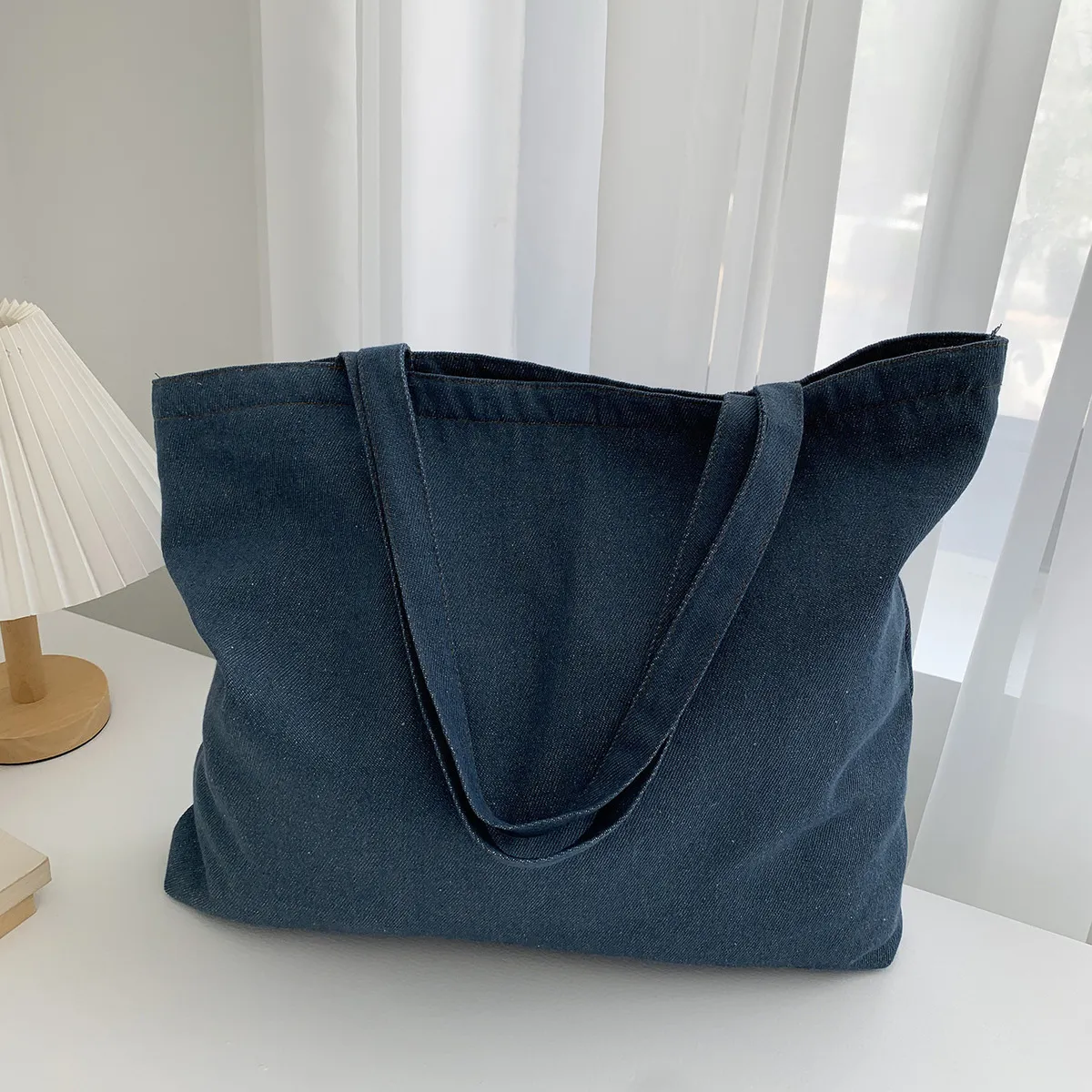Women Fashion Casual Simple Solid Color Denim Large Capacity Zipper Tote Bag