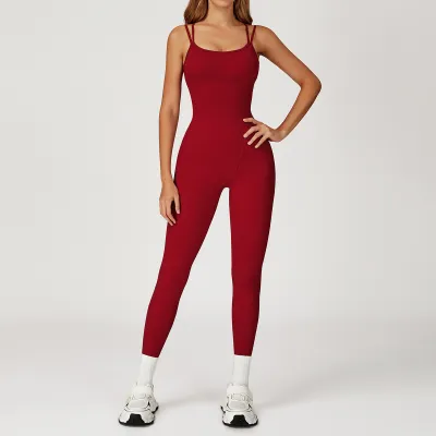 Women's Casual Solid Color Spaghetti Strap Cross-Back Yoga Sports Jumpsuit