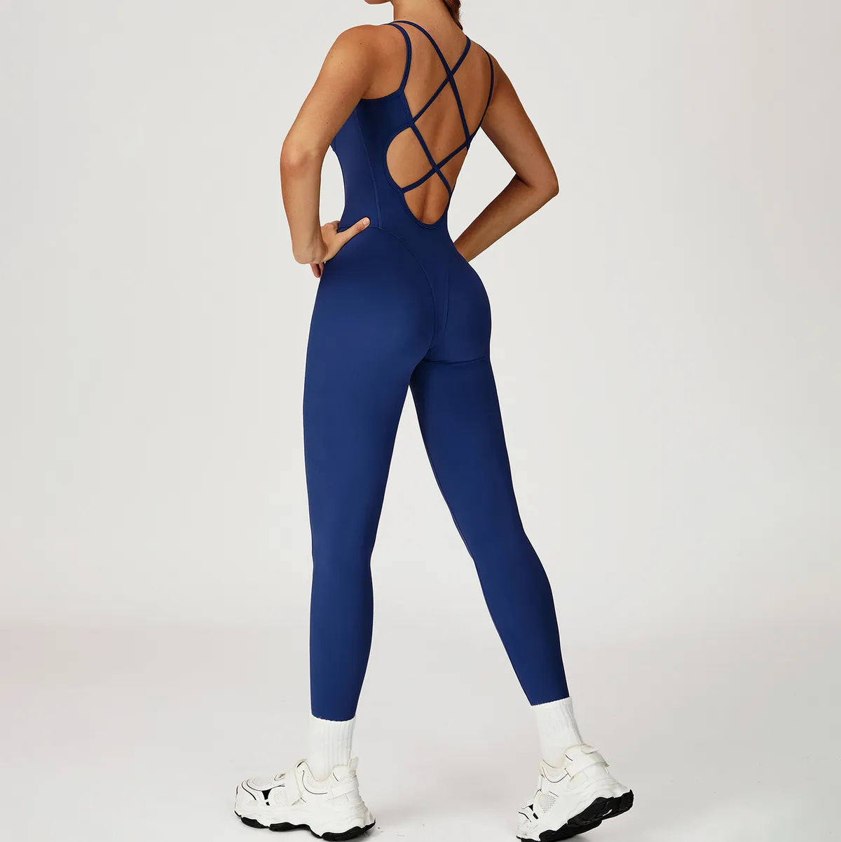 Women's Casual Solid Color Spaghetti Strap Cross-Back Yoga Sports Jumpsuit