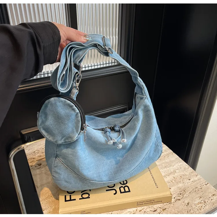 Women Fashion Casual Denim Crossbody Bag Medium Soft Zipper
