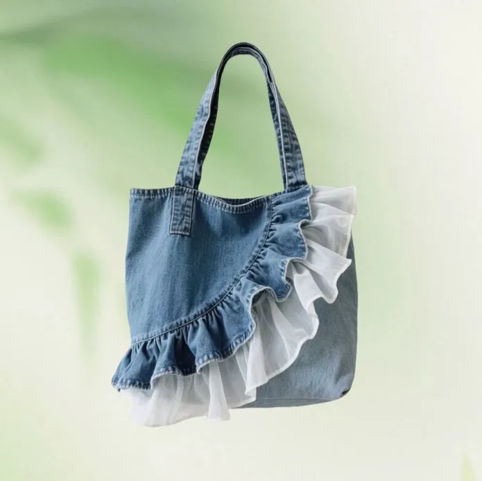 Women's Casual Street Trend Denim Lace Large Capacity Zipper Tote Bag