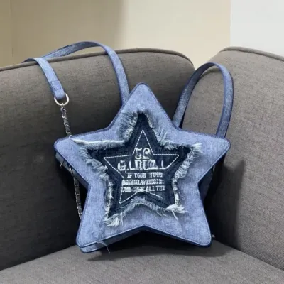 Women Fashion Casual Denim Five-Pointed Star Embroidered Letter Tassel Crossbody Bag