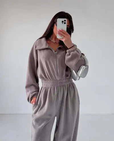 Women Fashion Casual Autumn Winter Solid Color Lapel Long Sleeve Jumpsuit