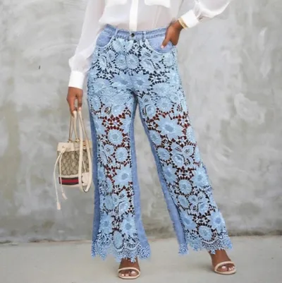 Women Fashion Casual Lace Stitching Hollow-Out Loose Jeans