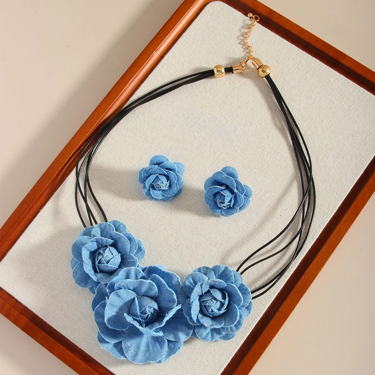Women Fashion Elegant Blue Denim Flower Multi-Layer Necklace Earrings Set
