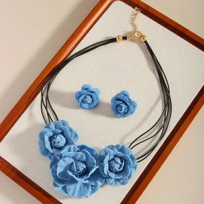 Women Fashion Elegant Blue Denim Flower Multi-Layer Necklace Earrings Set