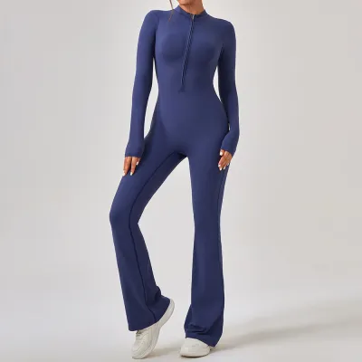 Women's Slim-Fit Long-Sleeve Zipper Jumpsuit for Yoga and Casual Sports