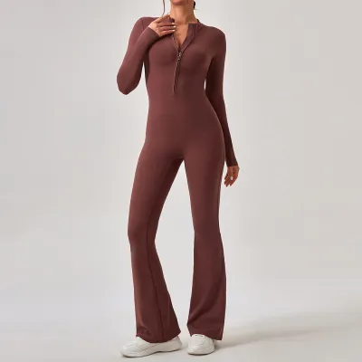 Women's Slim-Fit Long-Sleeve Zipper Jumpsuit for Yoga and Casual Sports