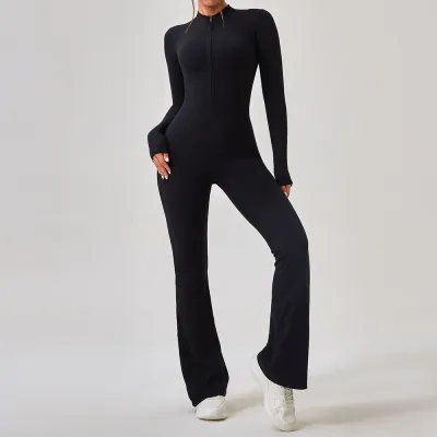 Women's Slim-Fit Long-Sleeve Zipper Jumpsuit for Yoga and Casual Sports