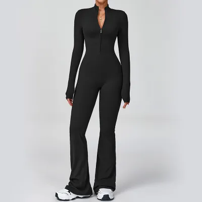 Women Casual Solid Color Long-Sleeve Zipper Yoga Sports Jumpsuit