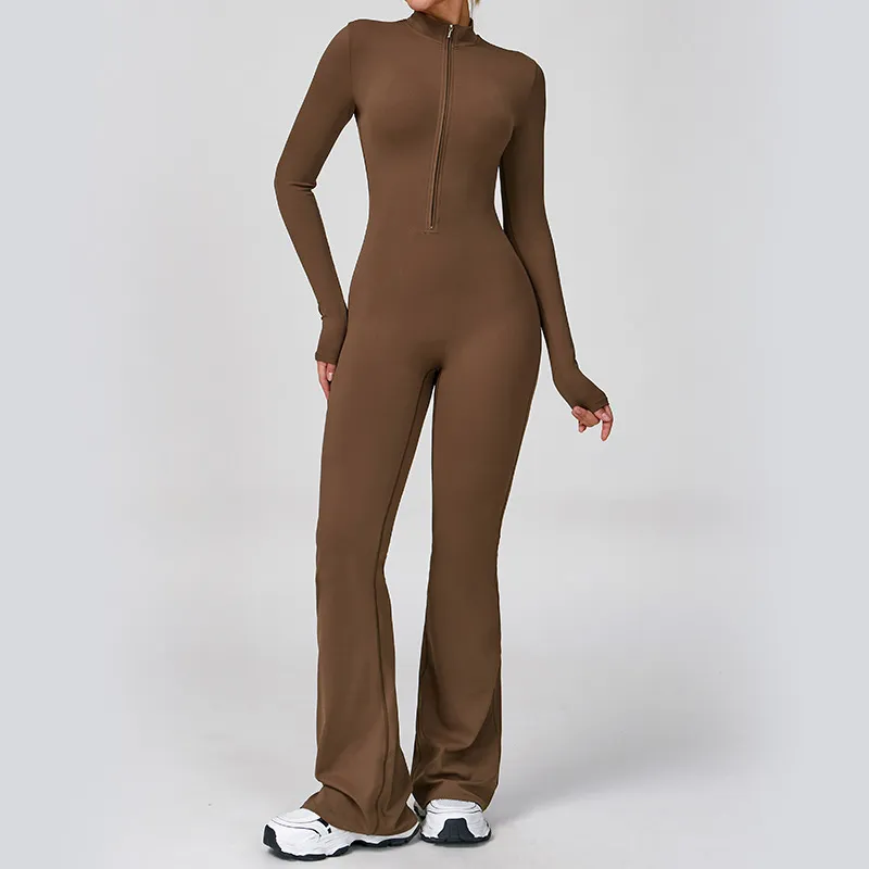 Women Casual Solid Color Long-Sleeve Zipper Yoga Sports Jumpsuit