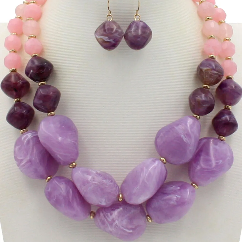 Women Creative Multicolor Beaded Double Layer Necklace And Earrings Set