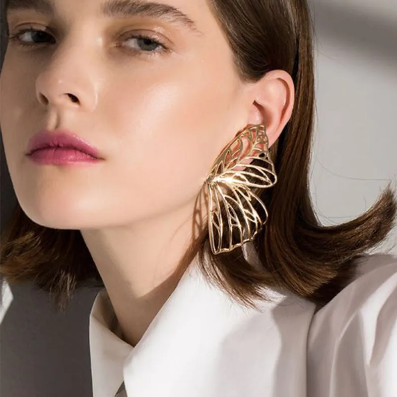 Exaggerated Hollow Butterfly Design Alloy Stud Earrings Unisex Geometric