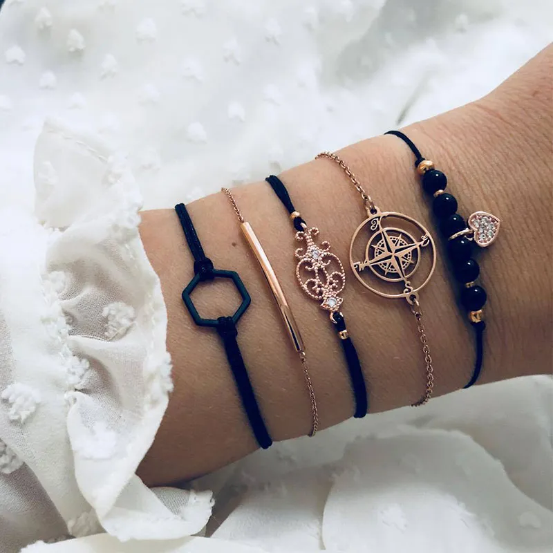 5 Pcs Black Alloy Heart Bracelets Set Women