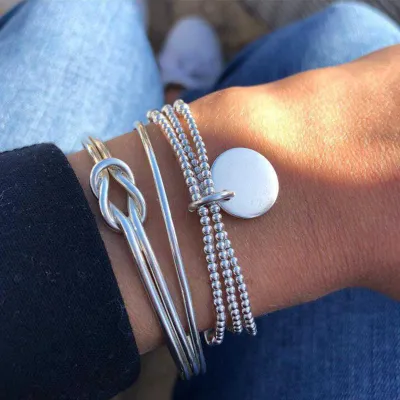 3 Pcs Knotted Beaded Design Silver Bracelets Set Unisex Alloy Geometric